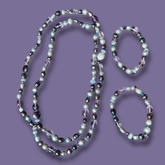 Honora 40 in Pearl & Amethyst Gemstone Necklace and Bracelets, Black, Silver - Picture 13 of 13
